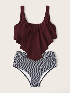 Navy Stripe & Burgundy Two-Piece Swim Set